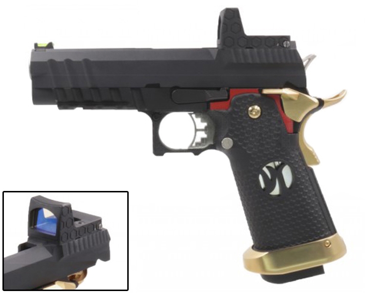 Armorer Works Custom Hi-Capa GBBP with Reflex Sight (Full Black Slide - Black Frame - Gold Barrel - AW-HX2601) Armorer Works Custom Hi-Capa GBBP with Reflex Sight (Full Black Slide - Black Frame - Gold Barrel - AW-HX2601)